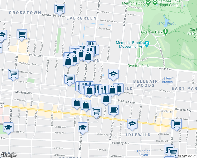 map of restaurants, bars, coffee shops, grocery stores, and more near 96 North Evergreen Street in Memphis