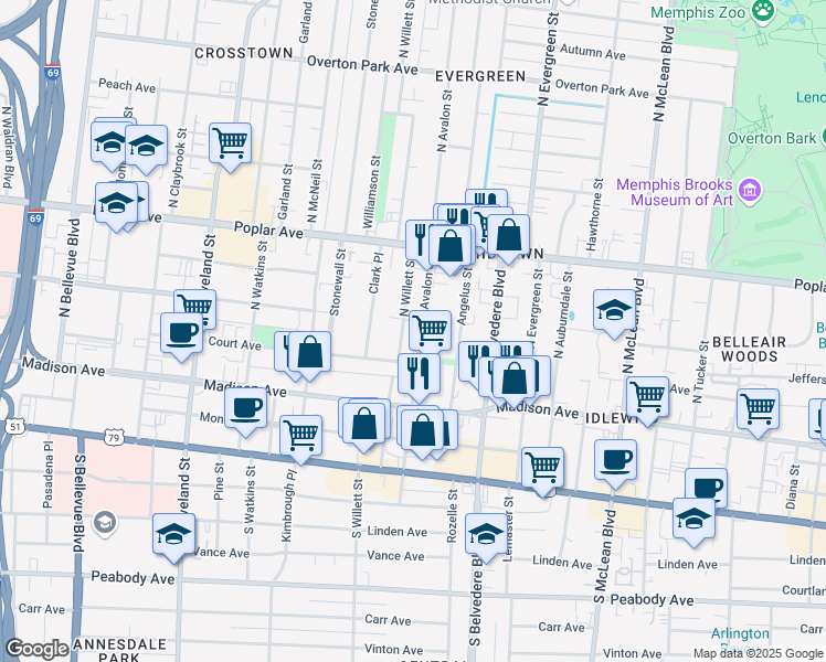 map of restaurants, bars, coffee shops, grocery stores, and more near 88 North Willett Street in Memphis