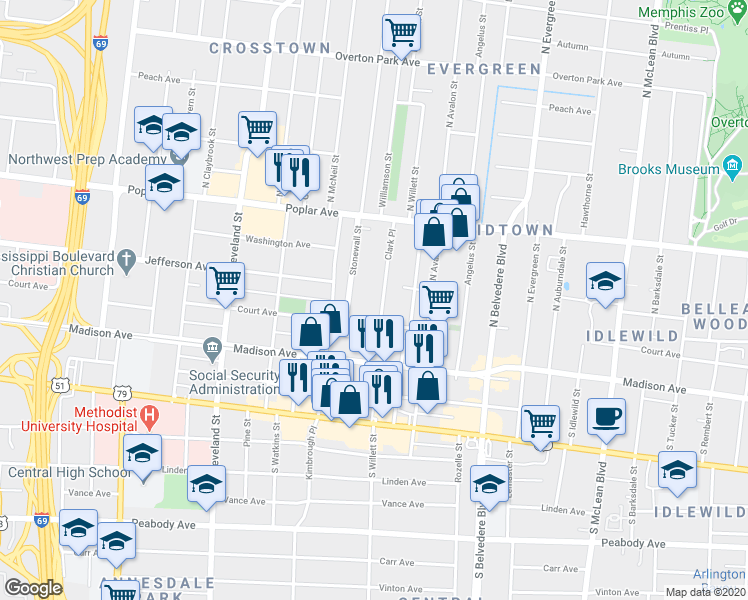 map of restaurants, bars, coffee shops, grocery stores, and more near 78 Stonewall Street in Memphis