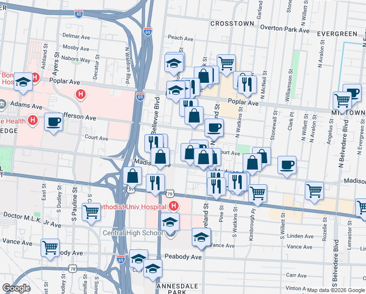 map of restaurants, bars, coffee shops, grocery stores, and more near 1292 Court Avenue in Memphis