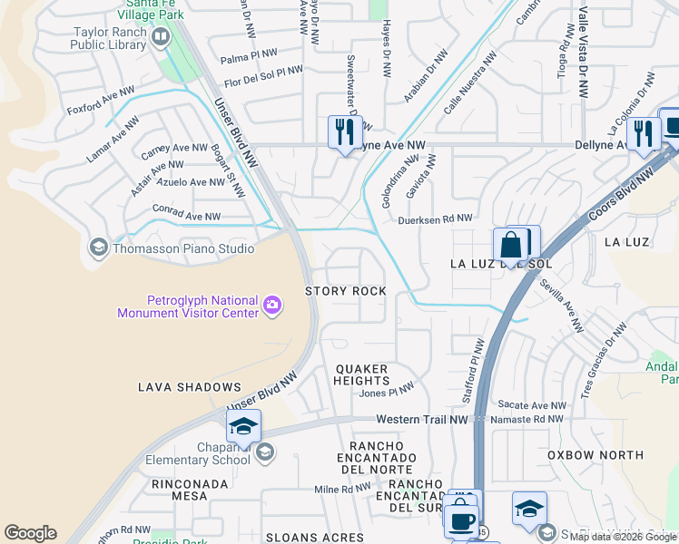 map of restaurants, bars, coffee shops, grocery stores, and more near 6016 Sipapu Avenue Northwest in Albuquerque