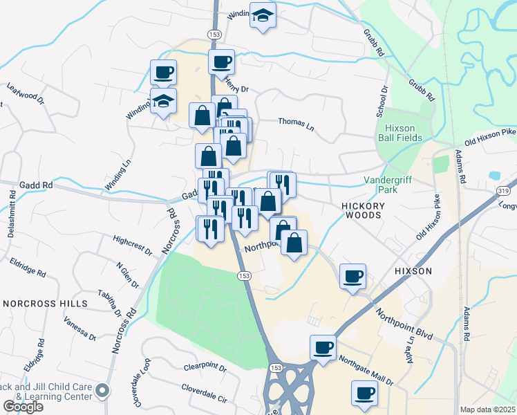 map of restaurants, bars, coffee shops, grocery stores, and more near 5450 Tennessee 153 in Chattanooga
