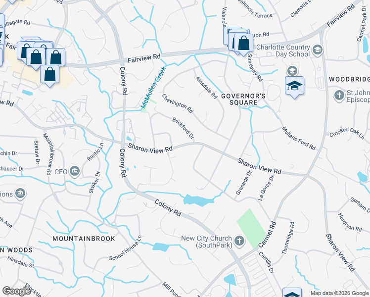 map of restaurants, bars, coffee shops, grocery stores, and more near 4016 Sharon View Road in Charlotte