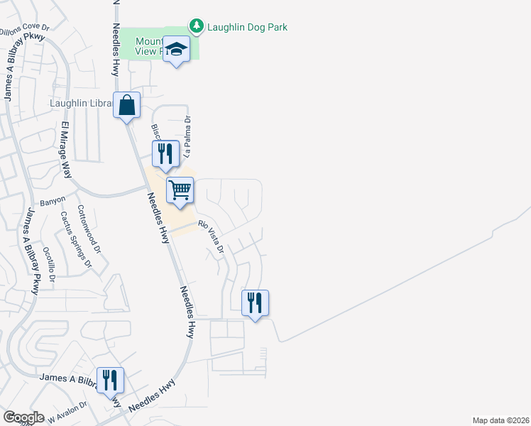 map of restaurants, bars, coffee shops, grocery stores, and more near 1601 West Paloma Avenue in Laughlin