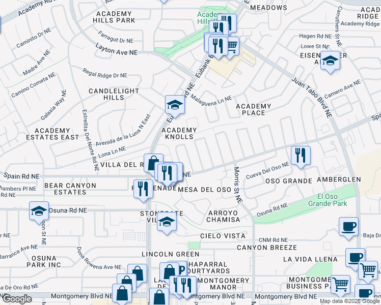 map of restaurants, bars, coffee shops, grocery stores, and more near 5324 Lucille Drive Northeast in Albuquerque