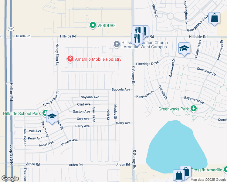 map of restaurants, bars, coffee shops, grocery stores, and more near 6406 Mosley Street in Amarillo