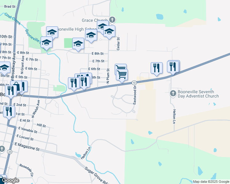 map of restaurants, bars, coffee shops, grocery stores, and more near 1105 Eastwood Drive in Booneville