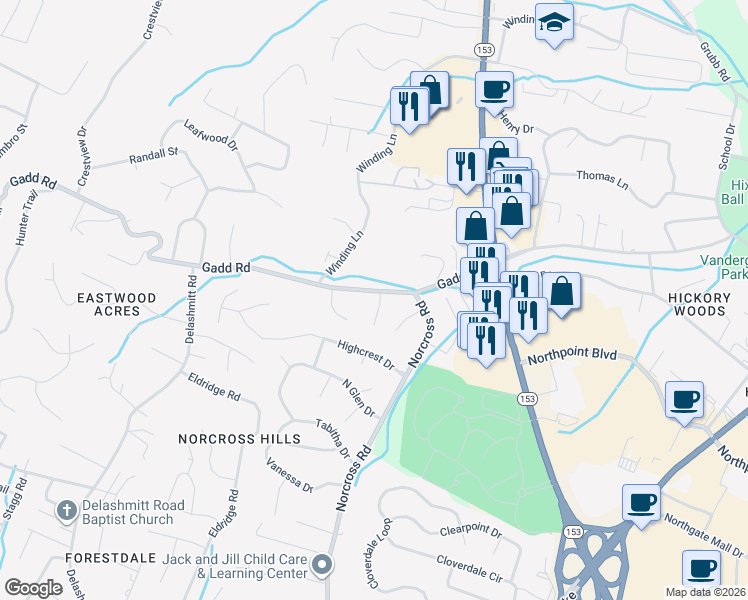 map of restaurants, bars, coffee shops, grocery stores, and more near 4707 Deanne Lane in Chattanooga