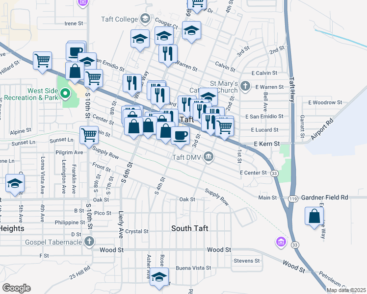 map of restaurants, bars, coffee shops, grocery stores, and more near 316 Center Street in Taft
