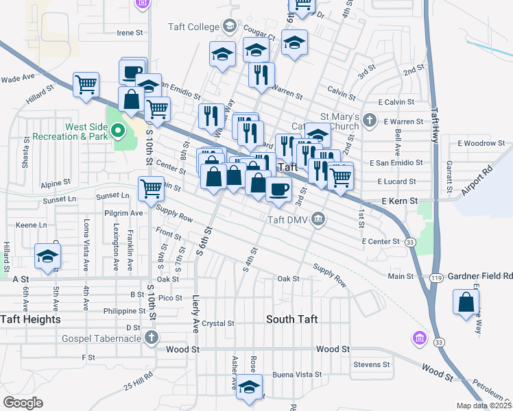 map of restaurants, bars, coffee shops, grocery stores, and more near 417 Center Street in Taft