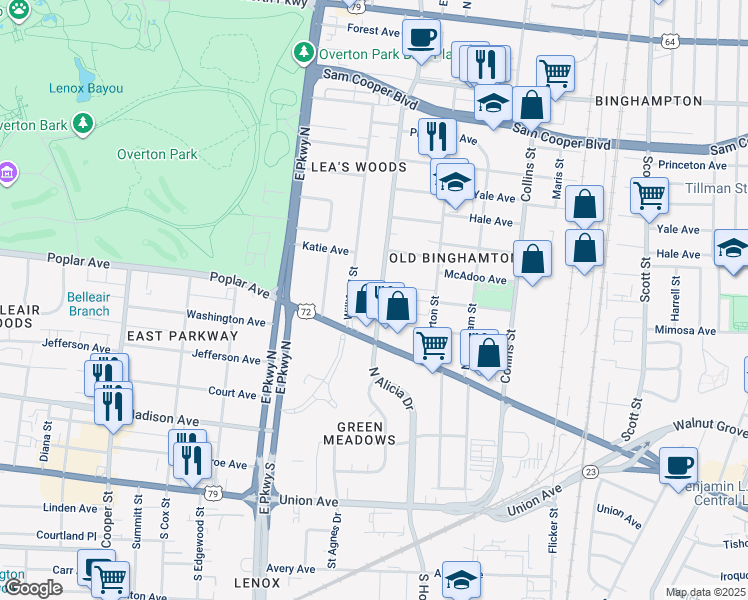 map of restaurants, bars, coffee shops, grocery stores, and more near 183 North Hollywood Street in Memphis