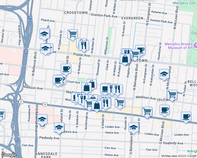map of restaurants, bars, coffee shops, grocery stores, and more near 78 Stonewall Street in Memphis
