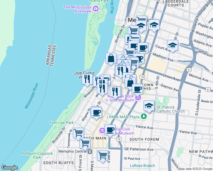 map of restaurants, bars, coffee shops, grocery stores, and more near 27 Beale Street in Memphis