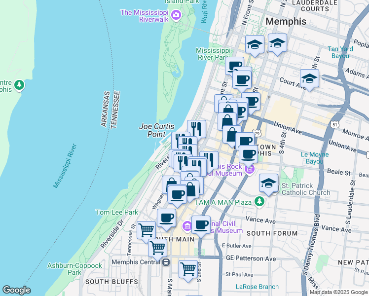 map of restaurants, bars, coffee shops, grocery stores, and more near 245 Wagner Street in Memphis