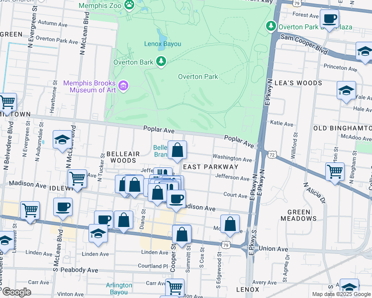 map of restaurants, bars, coffee shops, grocery stores, and more near 210 Washington Avenue in Memphis