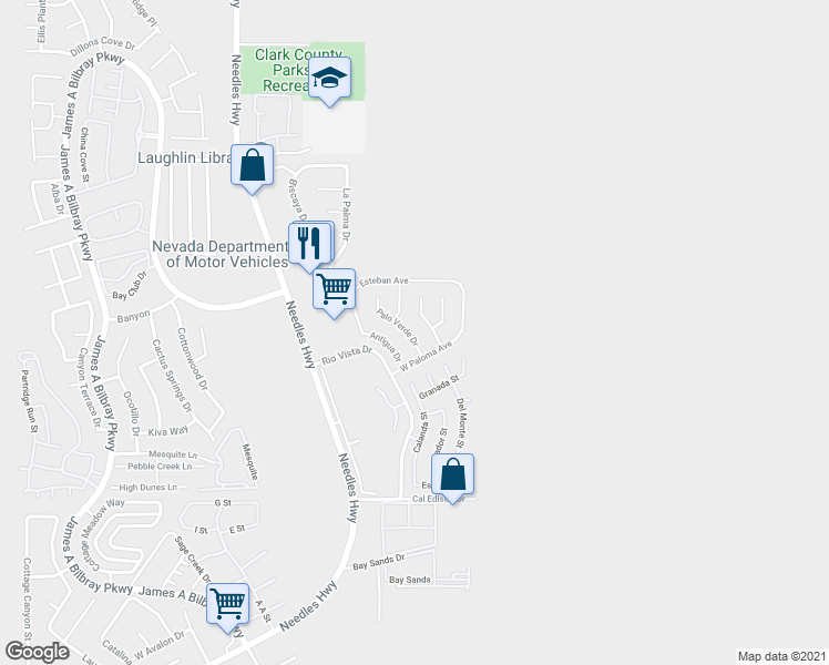 map of restaurants, bars, coffee shops, grocery stores, and more near 3088 Palo Verde Drive in Laughlin