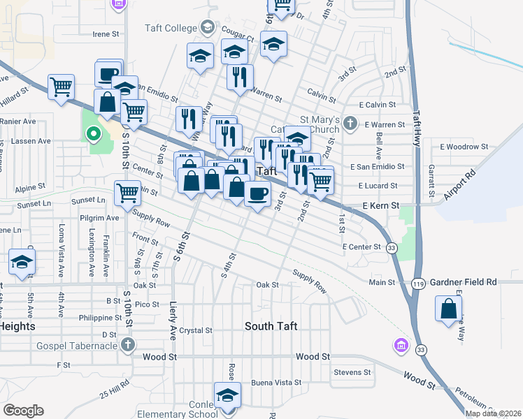 map of restaurants, bars, coffee shops, grocery stores, and more near 316 Center Street in Taft