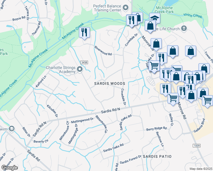map of restaurants, bars, coffee shops, grocery stores, and more near 914 Falls Church Road in Charlotte