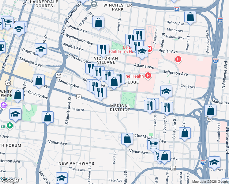 map of restaurants, bars, coffee shops, grocery stores, and more near in Memphis
