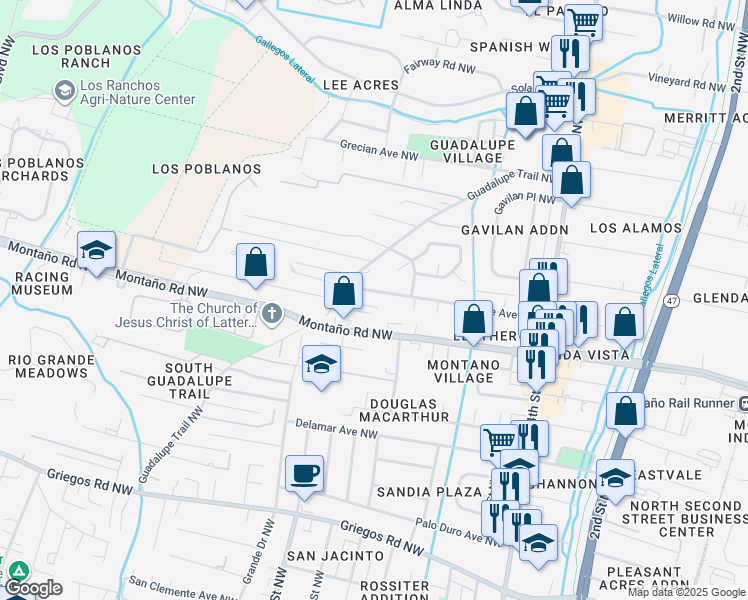 map of restaurants, bars, coffee shops, grocery stores, and more near 634 Gene Ave NW in Albuquerque