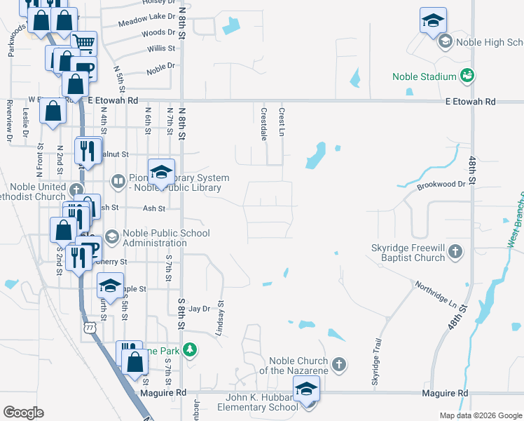 map of restaurants, bars, coffee shops, grocery stores, and more near 301 North 8th Street in Noble