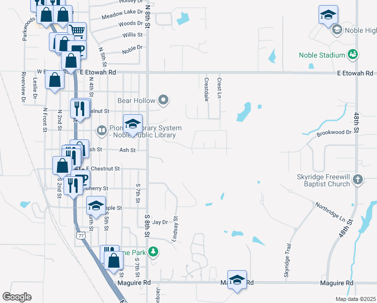 map of restaurants, bars, coffee shops, grocery stores, and more near 110 Mountain Laurel Way in Noble