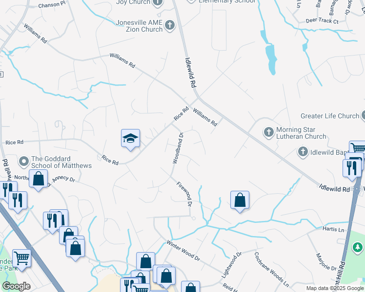 map of restaurants, bars, coffee shops, grocery stores, and more near 12225 Woodbend Drive in Matthews