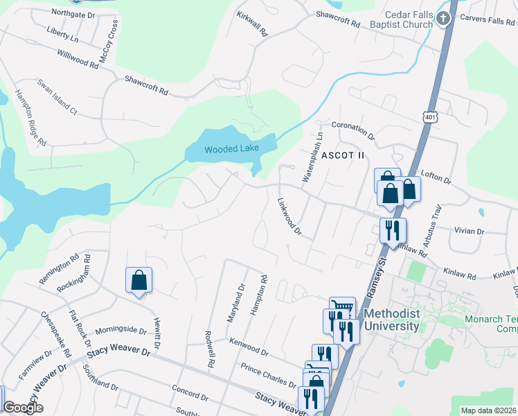 map of restaurants, bars, coffee shops, grocery stores, and more near 320 Bubble Creek Court in Fayetteville