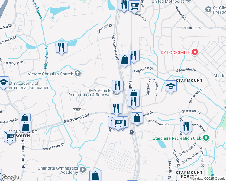 map of restaurants, bars, coffee shops, grocery stores, and more near 7515 Kings Ridge Drive in Charlotte