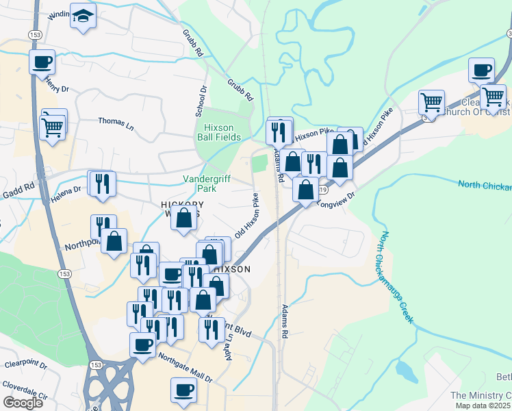 map of restaurants, bars, coffee shops, grocery stores, and more near 5017 Gooden Lane in Chattanooga