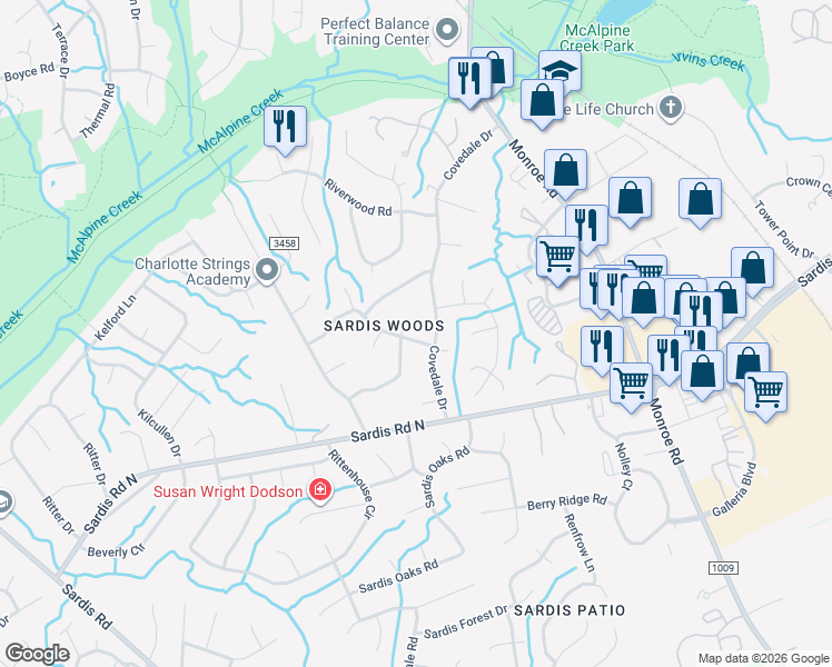 map of restaurants, bars, coffee shops, grocery stores, and more near 1009 Falls Church Road in Charlotte