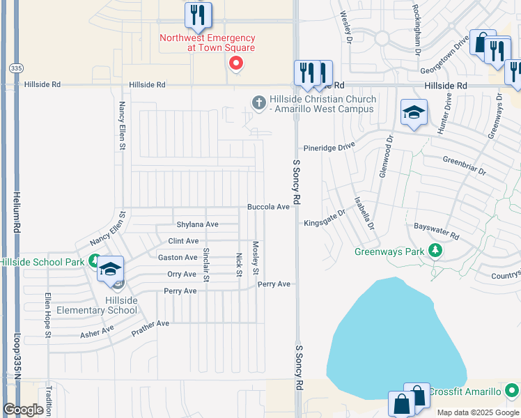 map of restaurants, bars, coffee shops, grocery stores, and more near 6601 Mosley Street in Amarillo