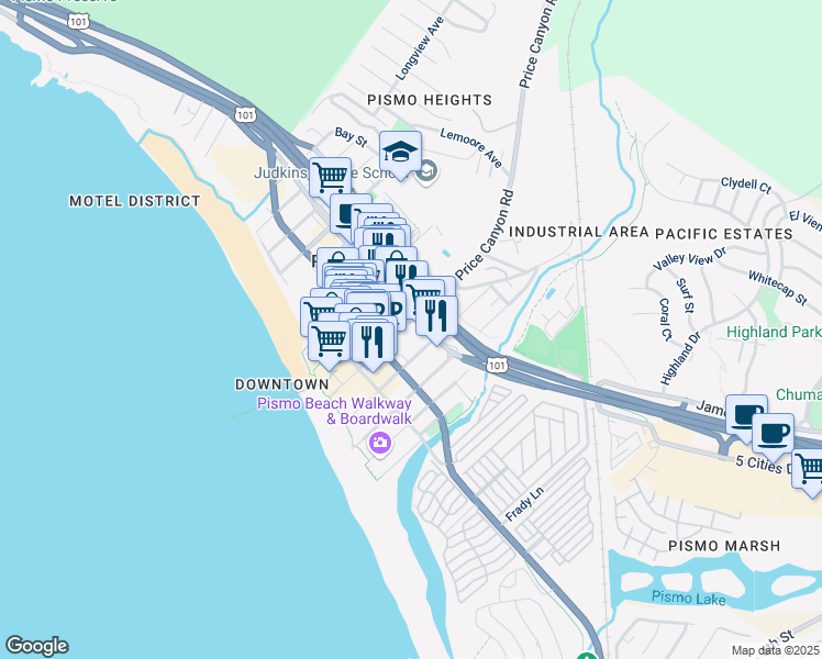 map of restaurants, bars, coffee shops, grocery stores, and more near 362 Hinds Avenue in Pismo Beach