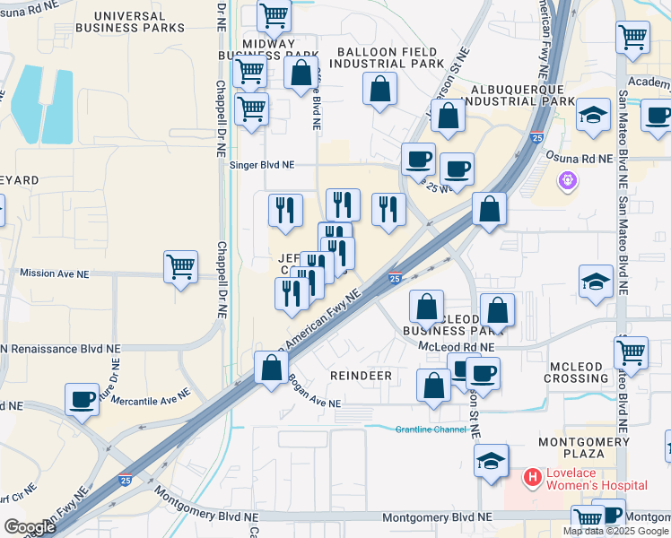 map of restaurants, bars, coffee shops, grocery stores, and more near 4959 Pan American Freeway Northeast in Albuquerque