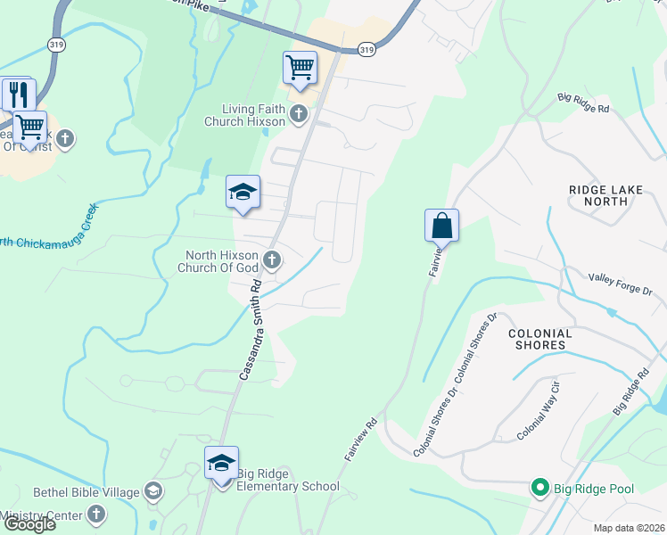 map of restaurants, bars, coffee shops, grocery stores, and more near 5499 Bungalow Circle in Chattanooga
