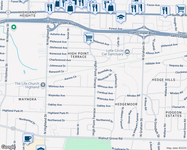map of restaurants, bars, coffee shops, grocery stores, and more near 319 High Point Terrace in Memphis
