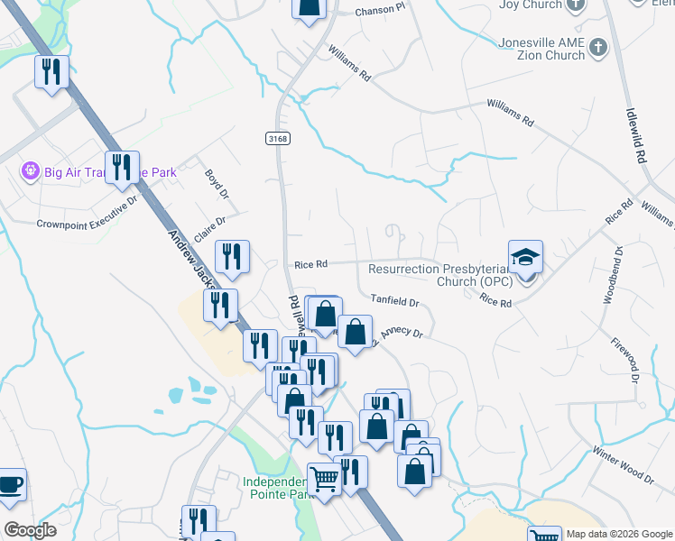 map of restaurants, bars, coffee shops, grocery stores, and more near 2116 Rice Road in Matthews