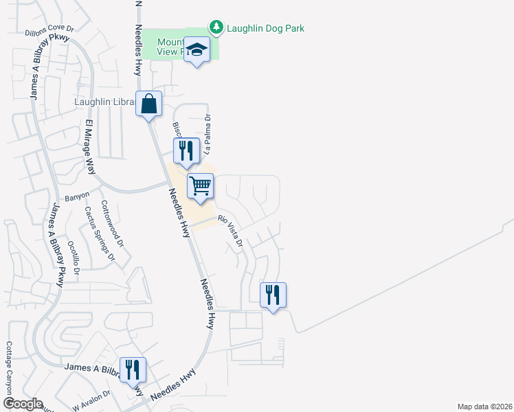 map of restaurants, bars, coffee shops, grocery stores, and more near 3098 South Leandro Court in Laughlin