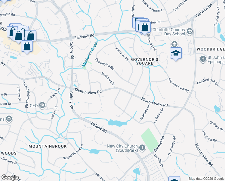 map of restaurants, bars, coffee shops, grocery stores, and more near 4016 Sharon View Road in Charlotte