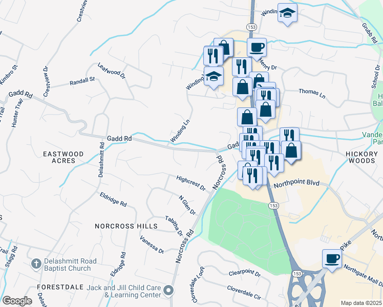 map of restaurants, bars, coffee shops, grocery stores, and more near 4707 Deanne Lane in Chattanooga