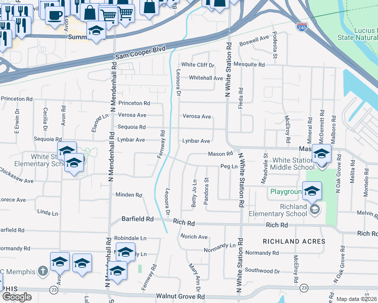 map of restaurants, bars, coffee shops, grocery stores, and more near 5098 Mason Road in Memphis