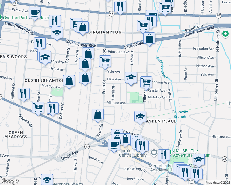 map of restaurants, bars, coffee shops, grocery stores, and more near 298 Harrell Street in Memphis