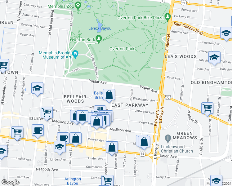map of restaurants, bars, coffee shops, grocery stores, and more near 210 Washington Avenue in Memphis