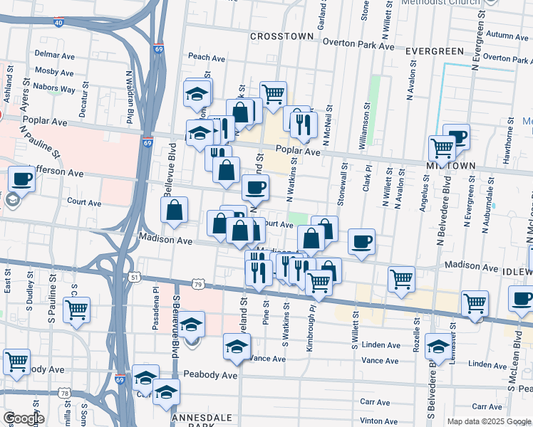 map of restaurants, bars, coffee shops, grocery stores, and more near 1386 Court Avenue in Memphis