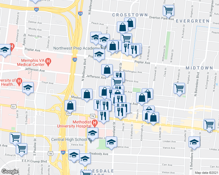map of restaurants, bars, coffee shops, grocery stores, and more near 1292 Court Avenue in Memphis