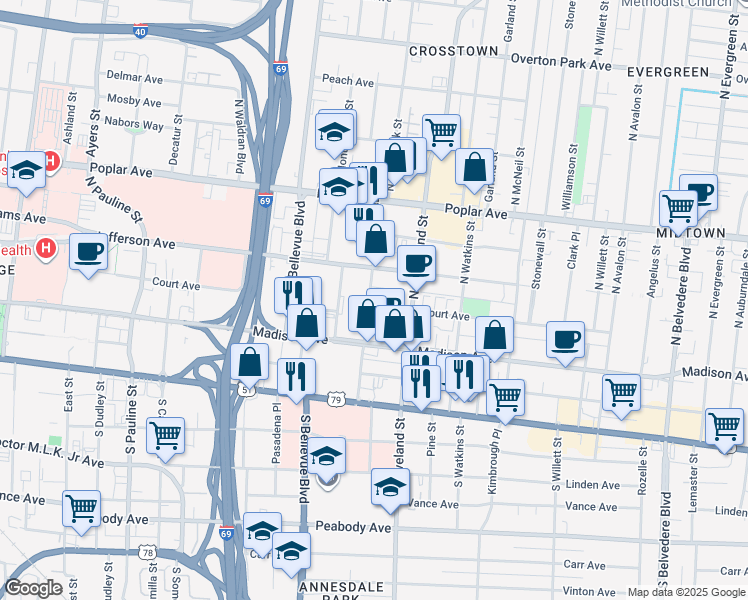 map of restaurants, bars, coffee shops, grocery stores, and more near 1292 Court Avenue in Memphis