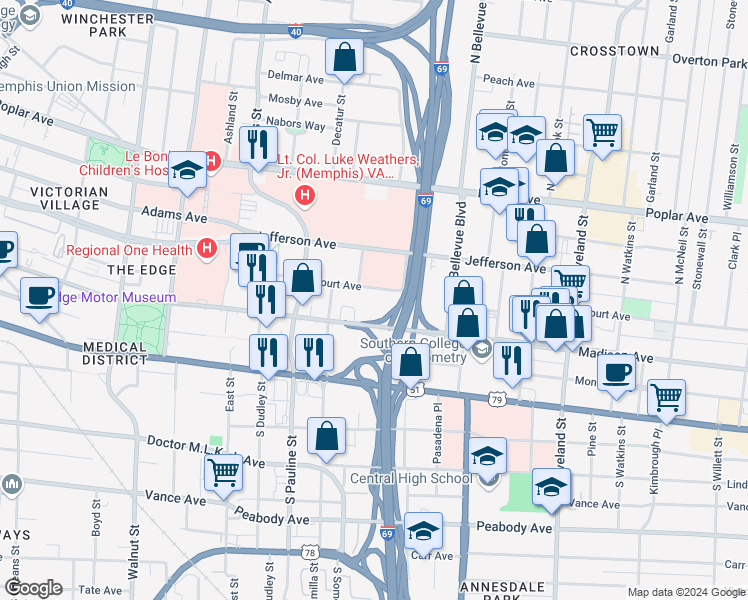 map of restaurants, bars, coffee shops, grocery stores, and more near 1081 Court Avenue in Memphis