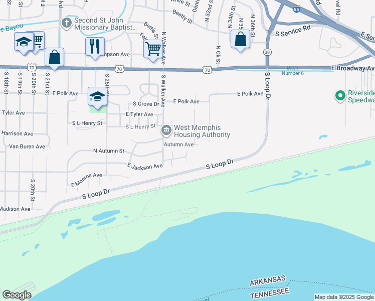 map of restaurants, bars, coffee shops, grocery stores, and more near 3119-3161 East Jackson Avenue in West Memphis