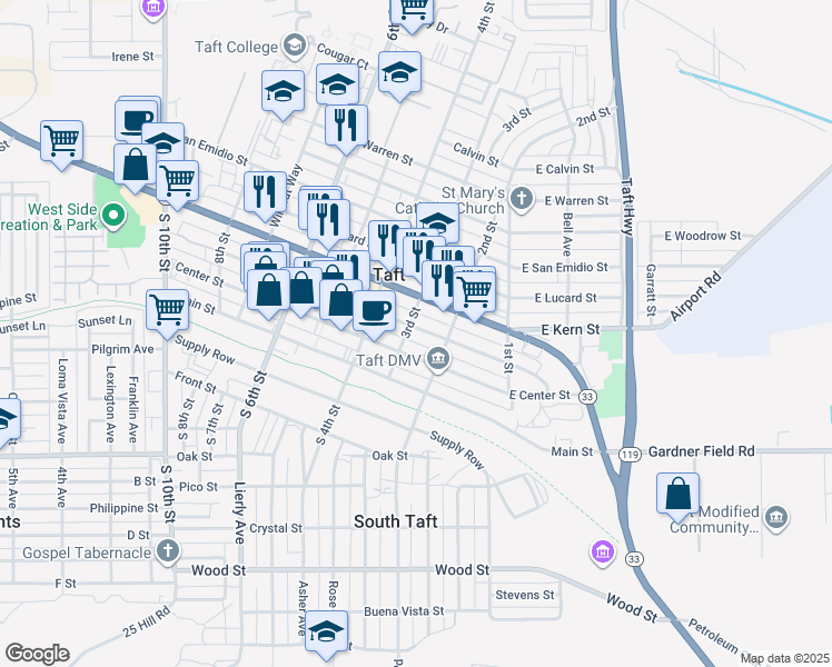 map of restaurants, bars, coffee shops, grocery stores, and more near 225 North Street in Taft