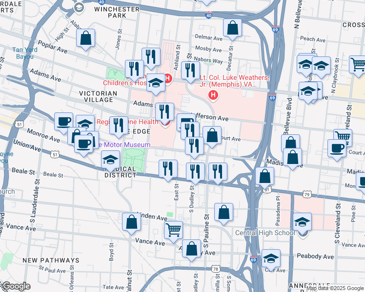 map of restaurants, bars, coffee shops, grocery stores, and more near 910 Madison Avenue in Memphis